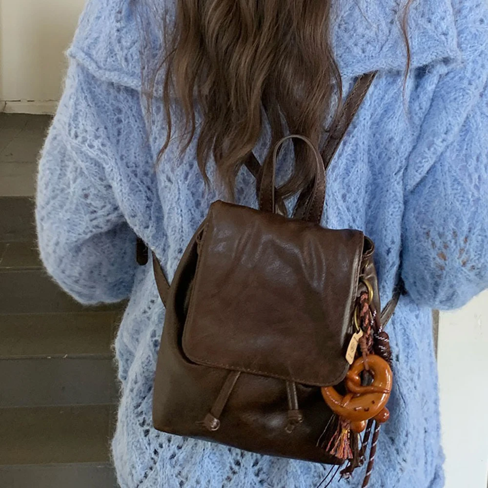 American Brown Pebbled Leather Retro PU Soft Leather Commuting Backpack Versatile Crossbody Two-shoulder Small Bag