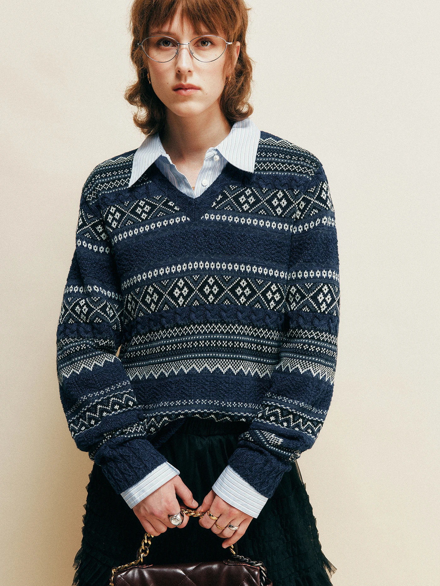 

Женский свитер Nordic Illusion Fair Isle с V-образным вырезом, геометрическим узором и бахромой, длинный рукав, из мягкого дышащего хлопка, свободный крой