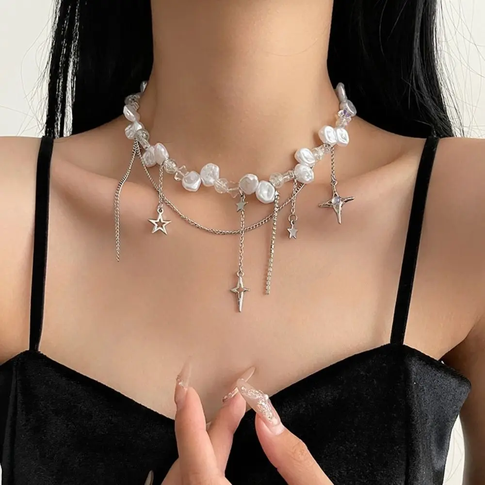 Collar Bone Chain Baroque Choker Necklace Overlay Beads Pearl Chain Choker Jewelry Korean Style Star Clavicle Chain Girls