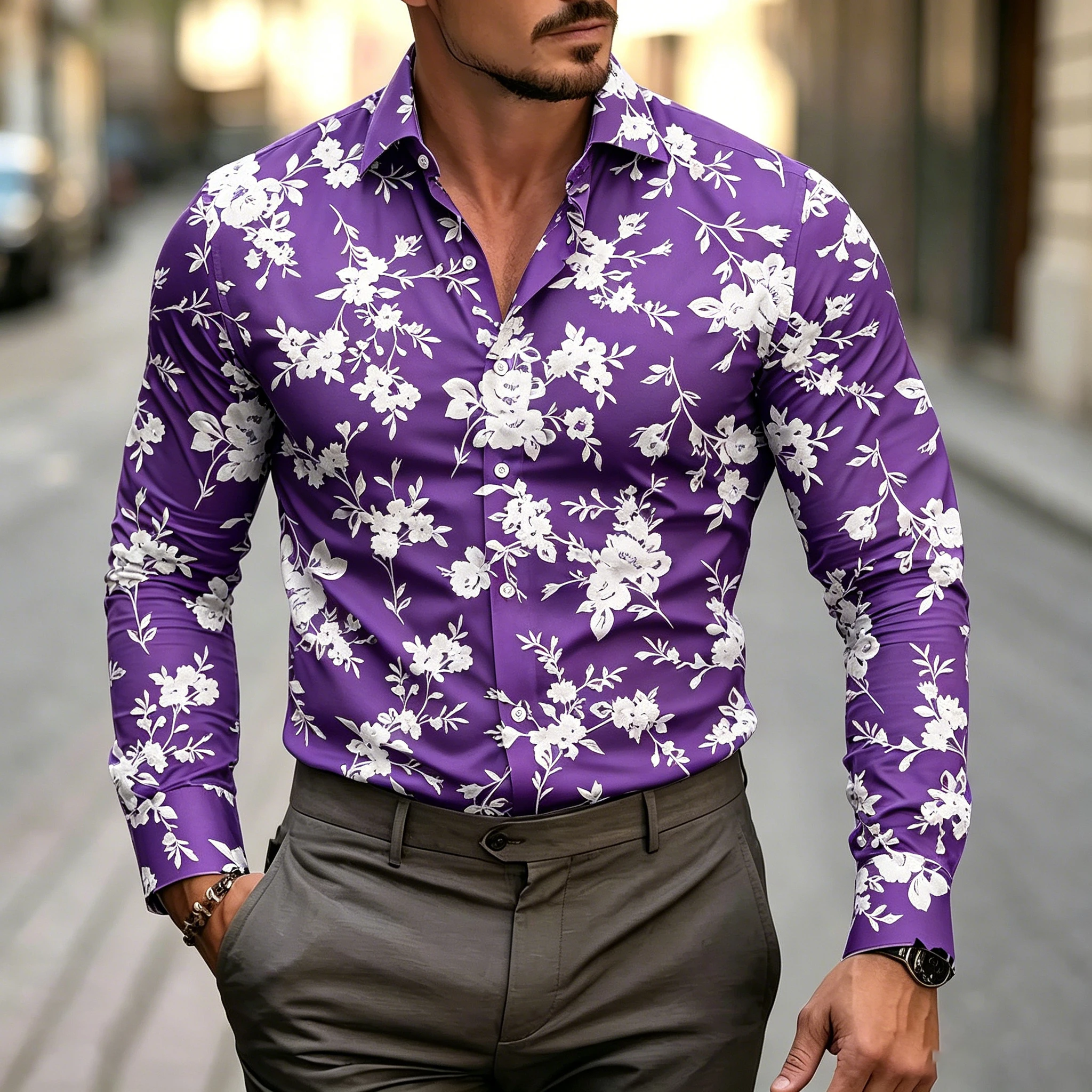 Men's collared slim-fit long-sleeved shirt, floral print all-over drape, plus size urban casual cardigan top.