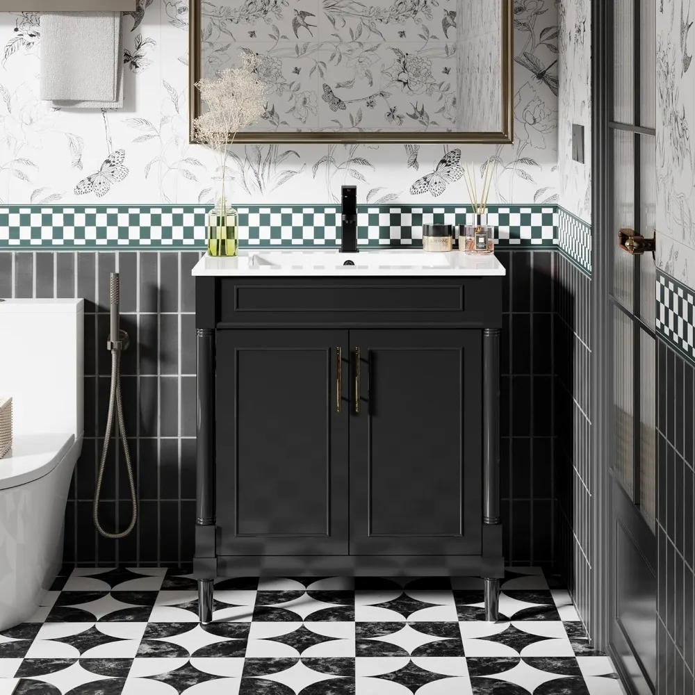 

30" Bathroom Vanity with Ceramic Sink Combo, Vintage Freestanding Storage Cabinet with Rome Feet, Undermount Basin, Faucet