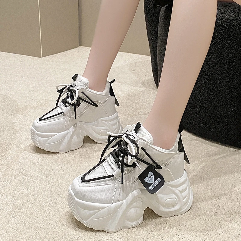 9.5CM Women Platform Sneakers Lace-up Autumn Sports Dad Shoes High Top Chunky Casual Shoes Woman Thick Bottom Mesh White Shoes