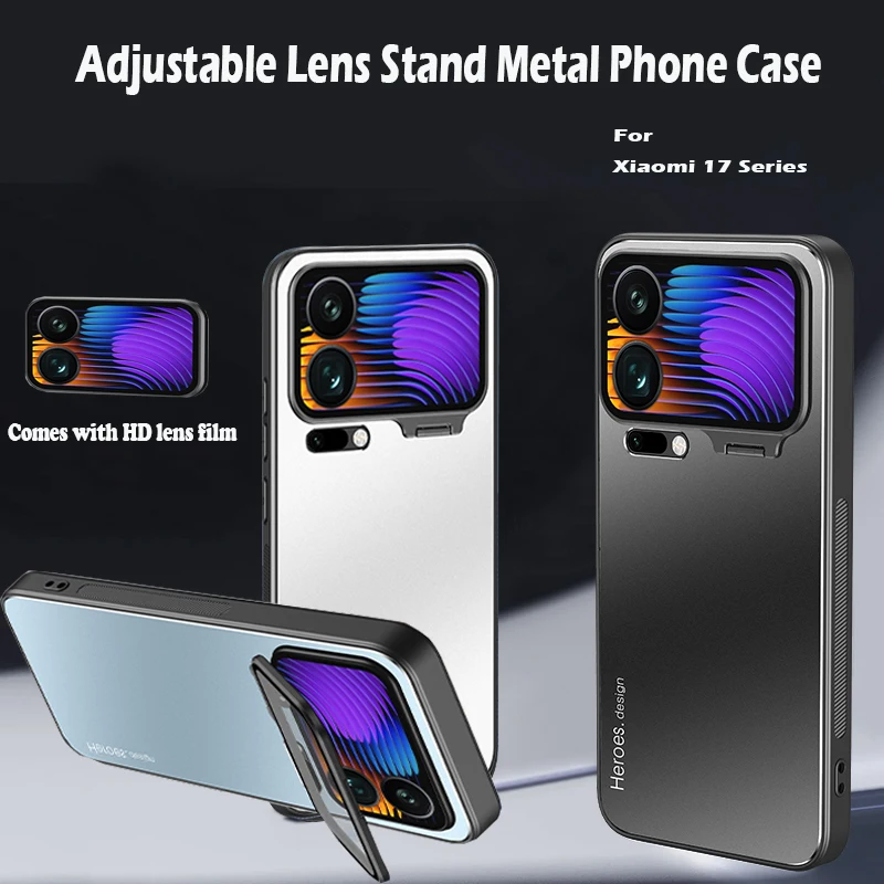 

Регулируемый чехол для телефона с подставкой для объектива для Xiaomi 17 Pro Max 17 Pro, полная защита объектива HD, прочный металлический противоударный чехол