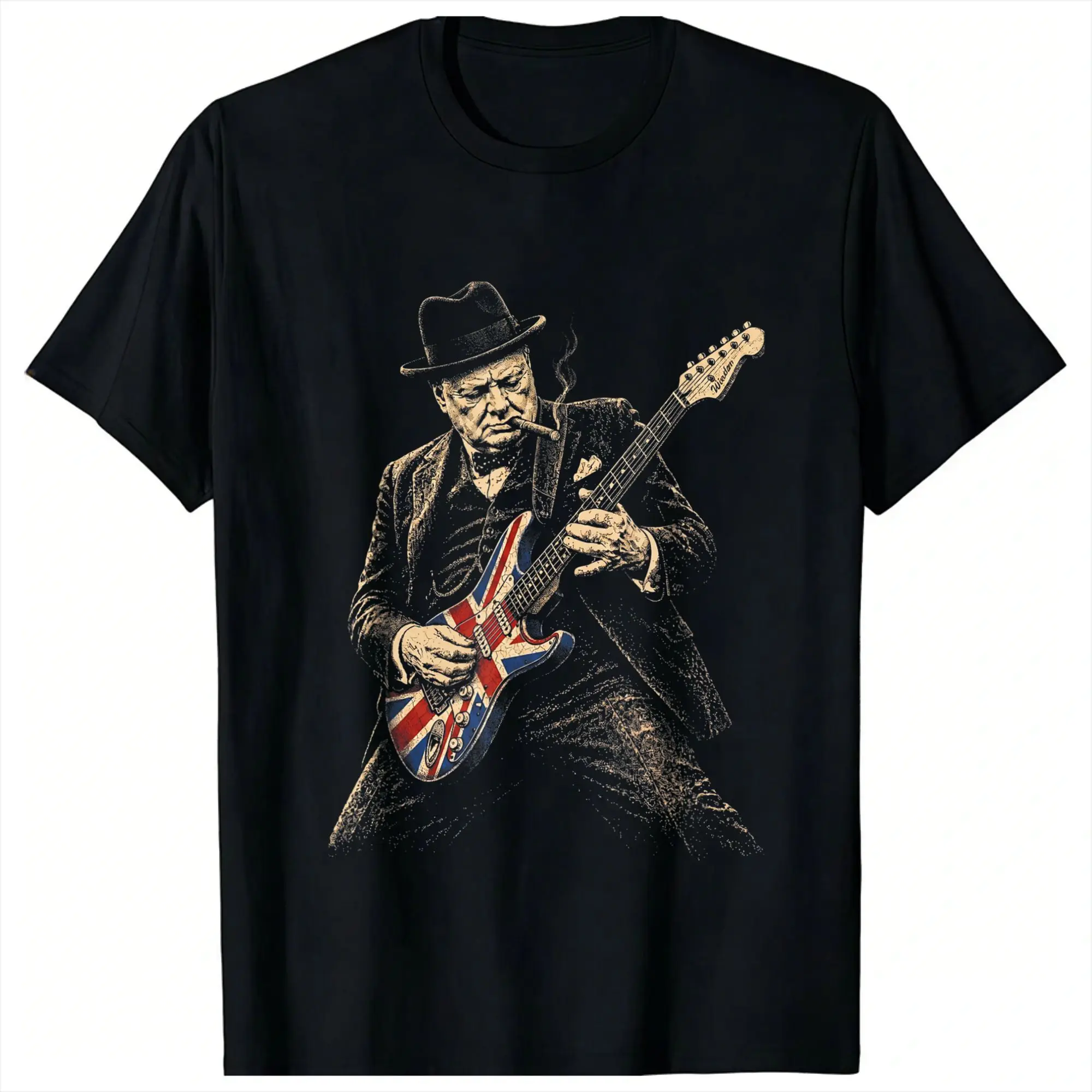 Übergroßes T-Shirt für den Sommer, Winston Churchill spielt Gitarre, Rocker, coole T-Shirts, Baumwoll-T-Shirt für Herren, kurzärmeliges Oberteil