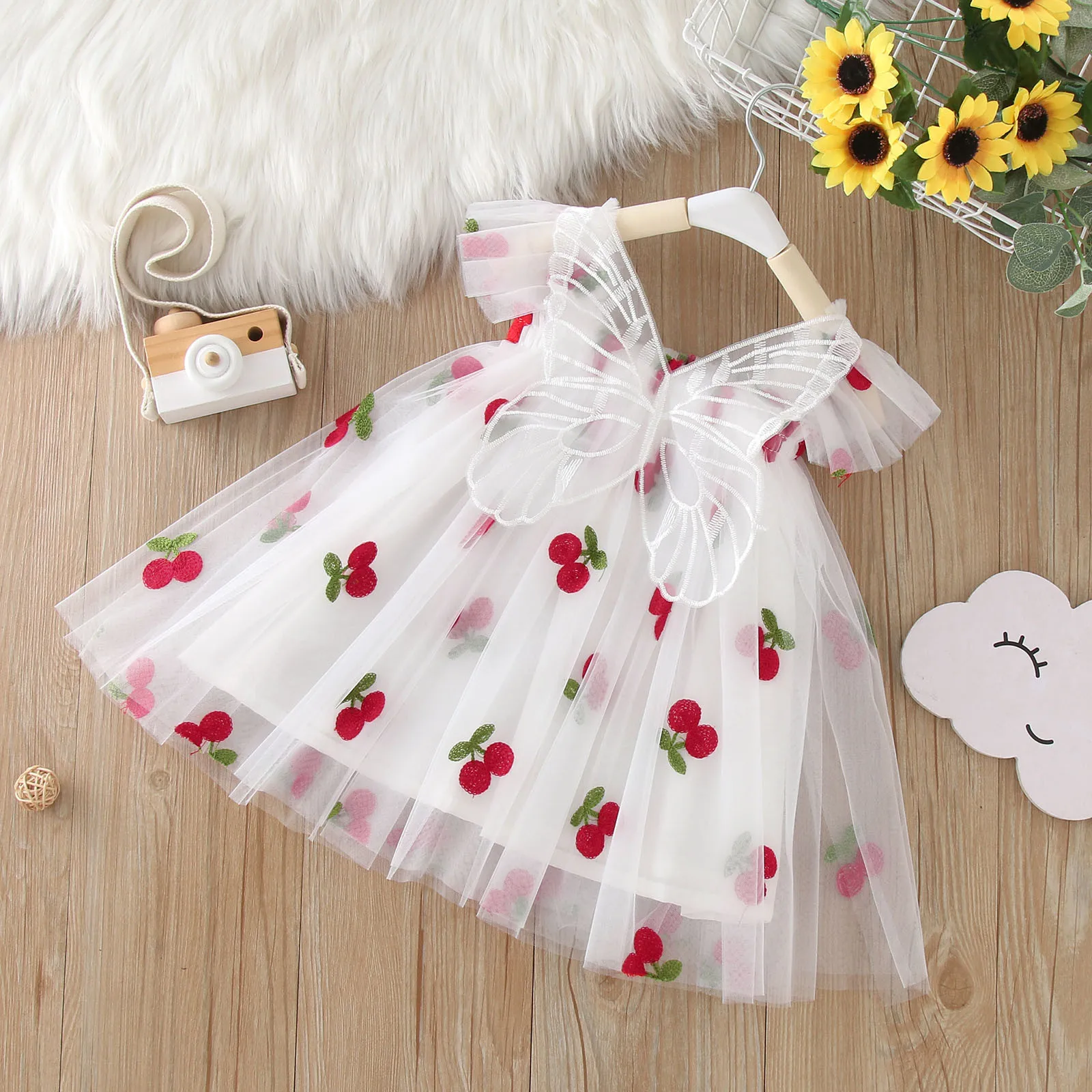 Baby Butterfly Dress with wings Cute Girl Embroidery Strawberry Summer New in Dresses Newborn Tulle Clothes For Party Birthday