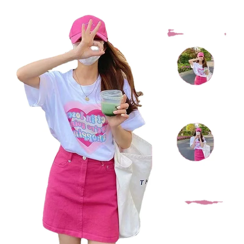 Summer New Can Salt Can Sweet Playful Spicy Girl Wear Printed T-shirt + Rose Red Denim Skirt Two-piece Suit