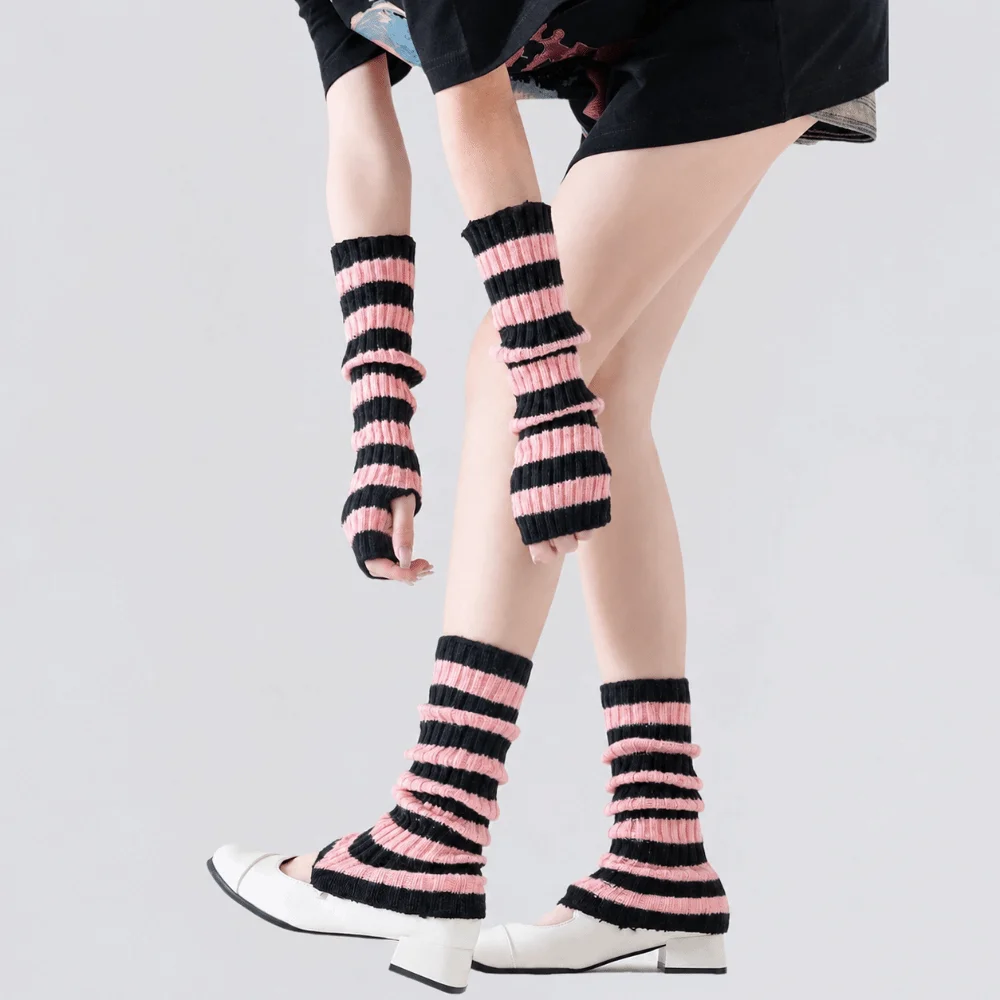 Y2k Knitting Gloves Socks Set Stripe Breathable Arm Warmer Mitten Over Knee Length Socks Fingerless Gloves