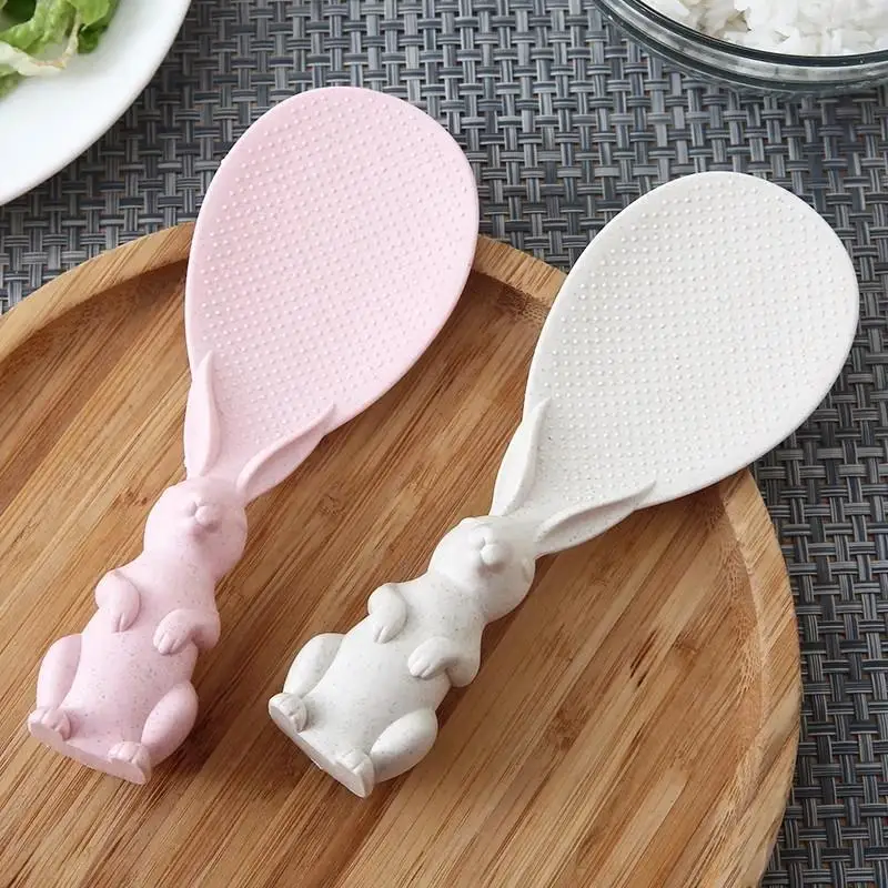 Non‑Sticky Creative Cooking Spatula for Rice Cooker, Cartoon Stand‑Up Straw Rabbit Rice Spoon