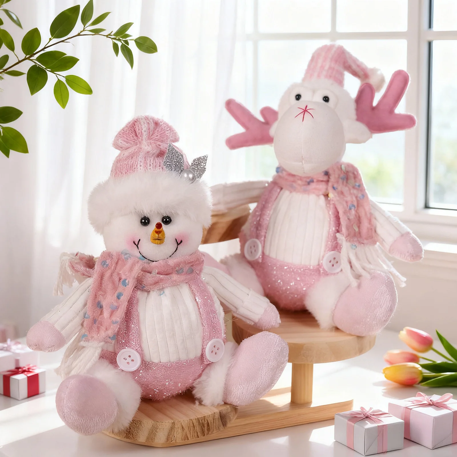 Christmas Decorations - Sitting Sequined Cartoon Doll Pendant Pink Reindeer,Snowman and Santa Claus Christmas Party Scene Props