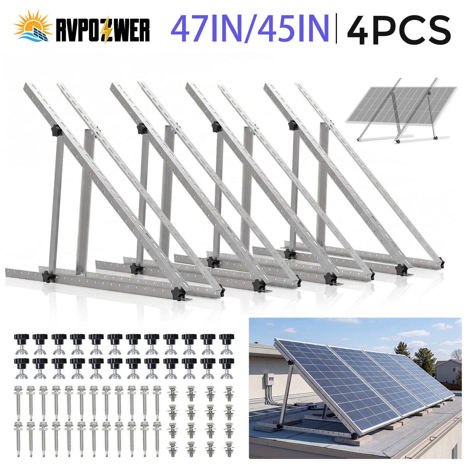Rvpozwer 45 Zoll/47 Zoll Set Verstellbare Solarpanel-Neigungshalterungen mit klappbaren Neigungsbeinen Ständer für Dach Off-Grid