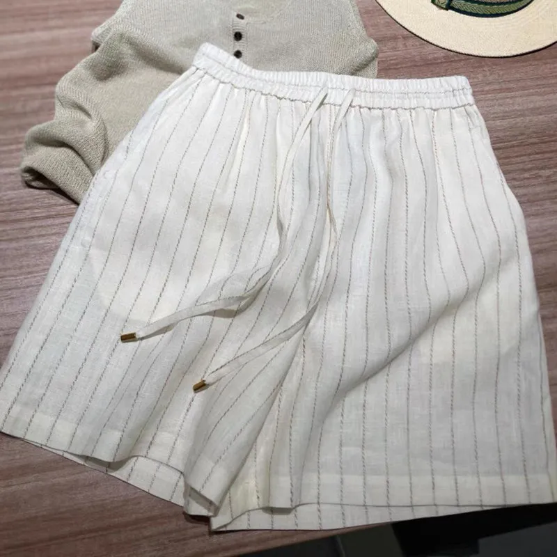 

2026 Fashion Striped Wide-leg Shorts Women's New Lazy Pockets Casual Short Pants Female Summer High Waist Loose Shorts U37
