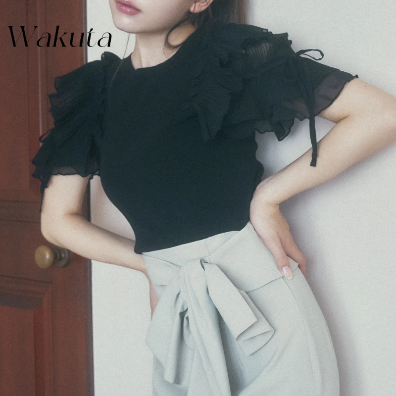 WAKUTA Japanese Strap Slim Fit Sweaters Solid All-matched Short Jumper Spring Ruffled Splice Off Shoulder Pullovers Sueter Mujer