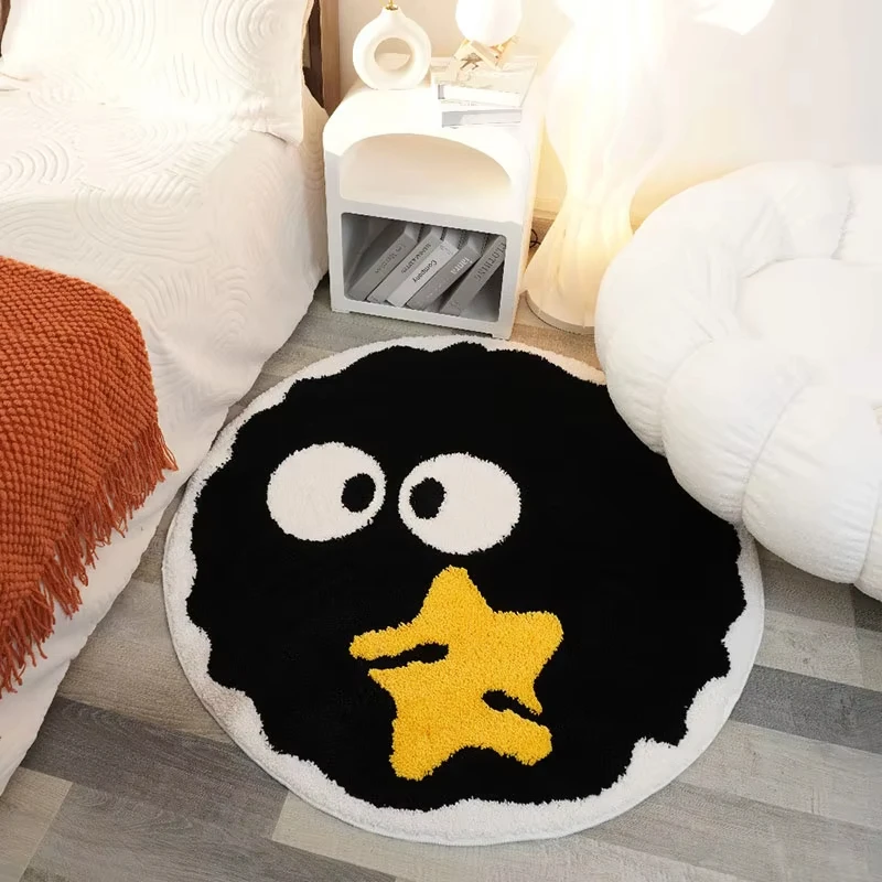 Cute Black Briquettes Carpet Soft Plush Shaggy Round Lounge Rug Anti-Slip Cartoon Style Cozy Living Room Home Decor Rugbriquette