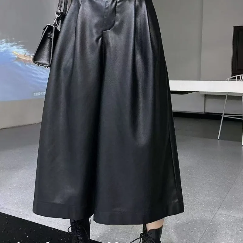 Retro Dark Style Wide-leg Leather Pants for Autumn Winter New Niche High-waisted Loose Casual Eight-inch Pants with Good Drape