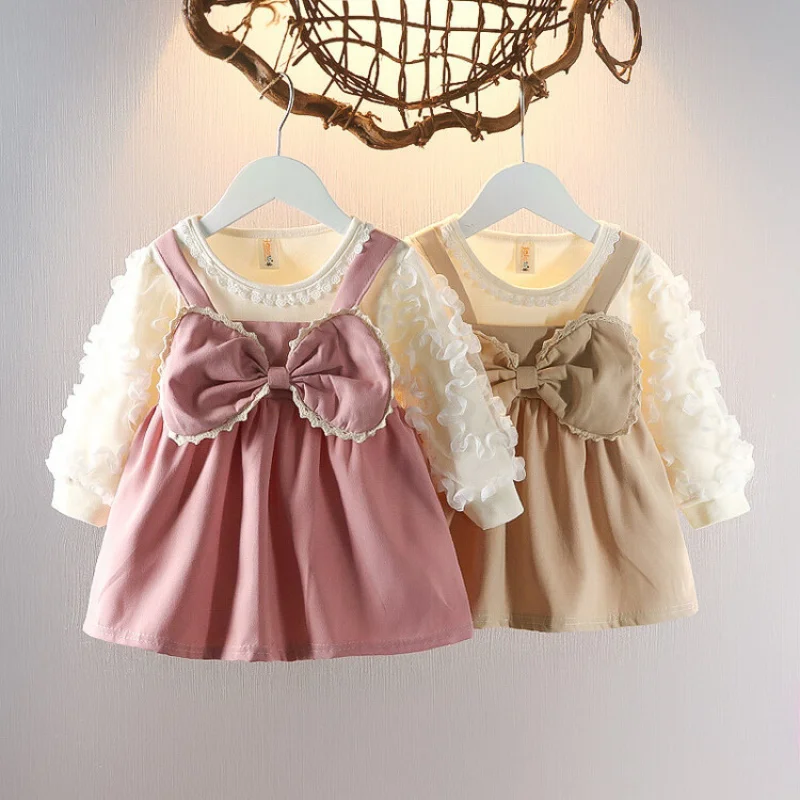 

Girls' Lace Long Sleeve Bow Stylish Fake Two-Piece Dress Autumn New Little Girl Princess Dress
