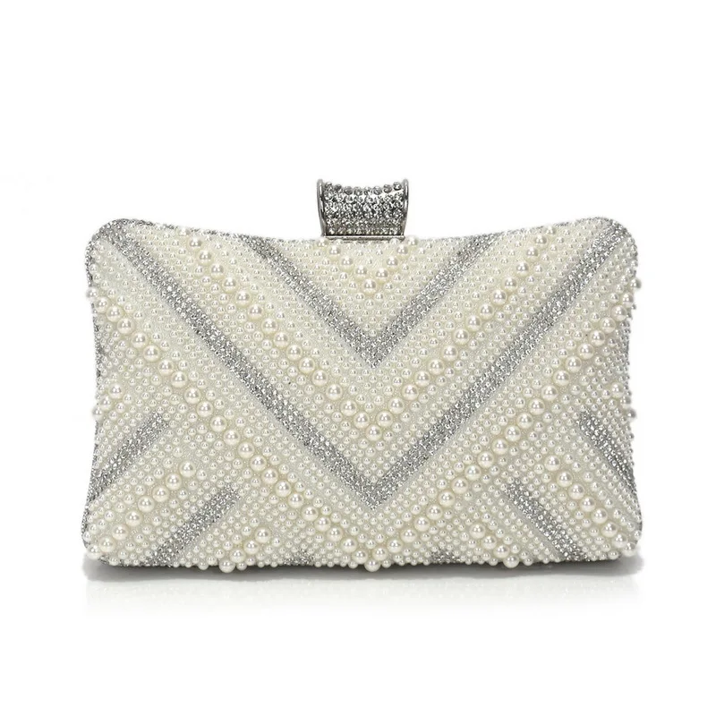 

Fashion Pearl Clutch Bag Wedding Bridal Handbag Chain Detachable Evening Bag for Women Bolsa Feminina Finger Ring Rhinestones