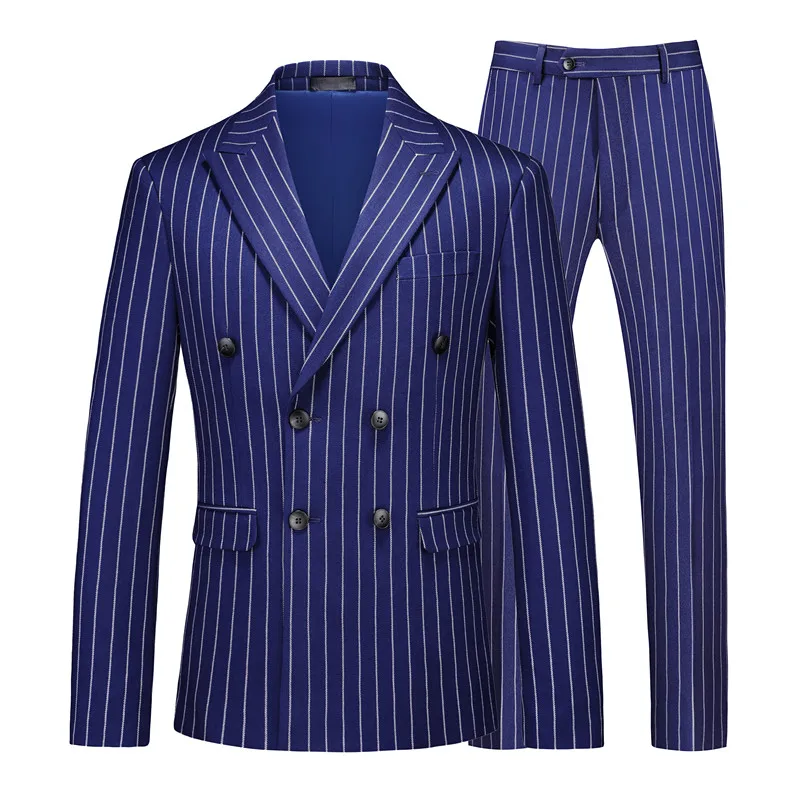 Fashion Men Double Breasted Striped Suit 2 Piece Black / Wine Red Homme Business Social Wedding Party Blazers and Trousers