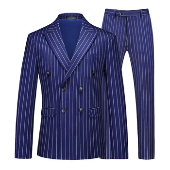 Fashion Men Double Breasted Striped Suit 2 Piece Black / Wine Red Homme Business Social Wedding Party Blazers and Trousers 4