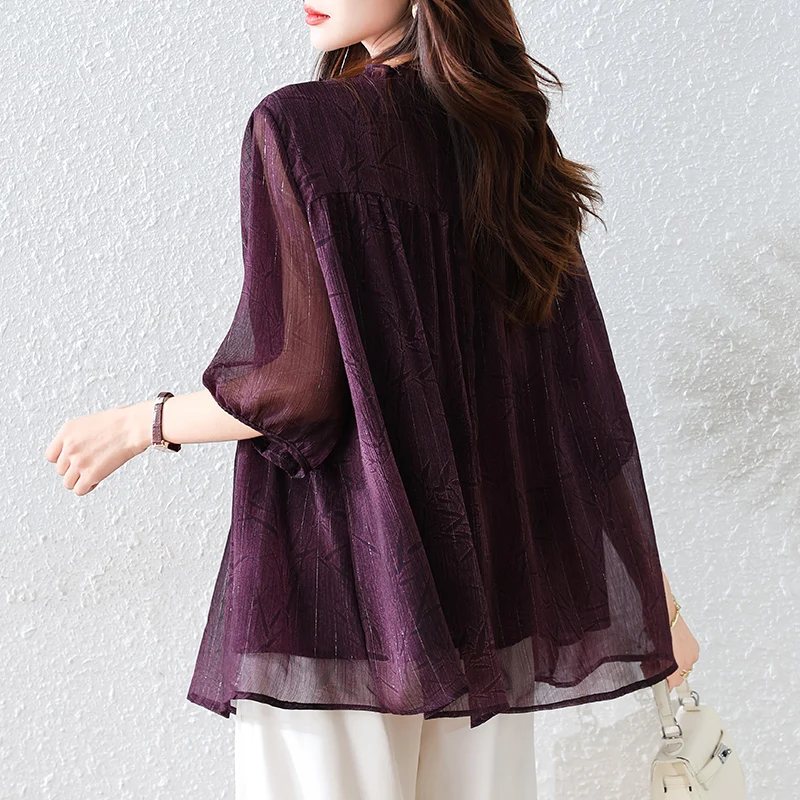2025 Summer Women Shirt High-end Bright Silk Casual Loose Tops Ruffles Collar 3/4 Sleeve Chiffon Shirt