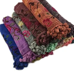 Embroidered Tassel Cotton Hijab for Muslim Women Scarf Floral Shawl Tassel Scarves Woman Large Hijabs Tie-dye Vintage Headscarf