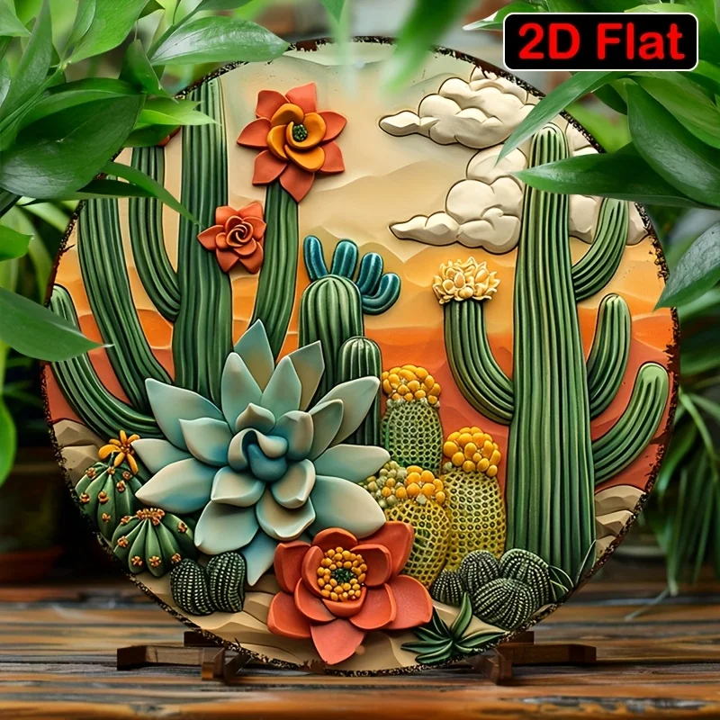 2D-flaches 1-teiliges rundes Aluminium-Metallschild – lebendiger Kakteen- und Sukkulenten-Gartendruck, 3D-Effekt-Dekor für Küche, Café oder Zuhause