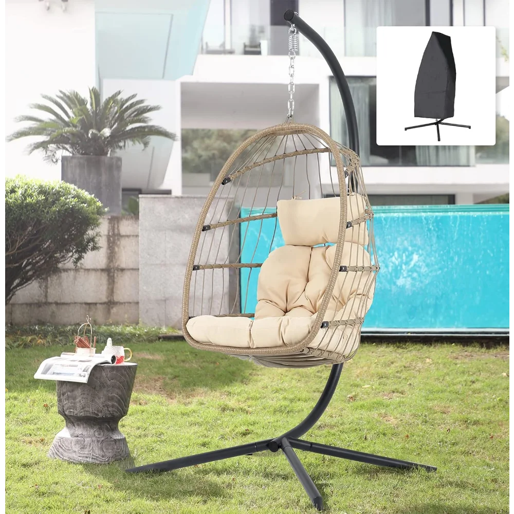 

Indoor Outdoor Egg Swing Chair with Stand, Patio Tan Wicker Rattan Hanging Chair with Rope Back, Cushion,Cover