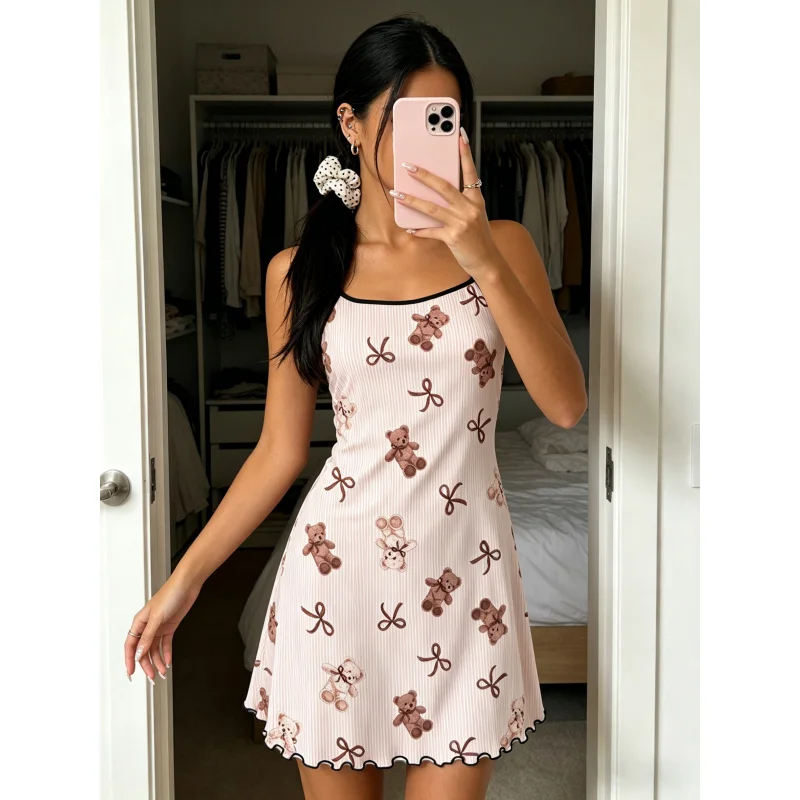 Women Summer Nightdress Spaghetti Strap Ruffle Trim Round Neck Home Loungewear Sleep Dress Cute Teddy Bear Print