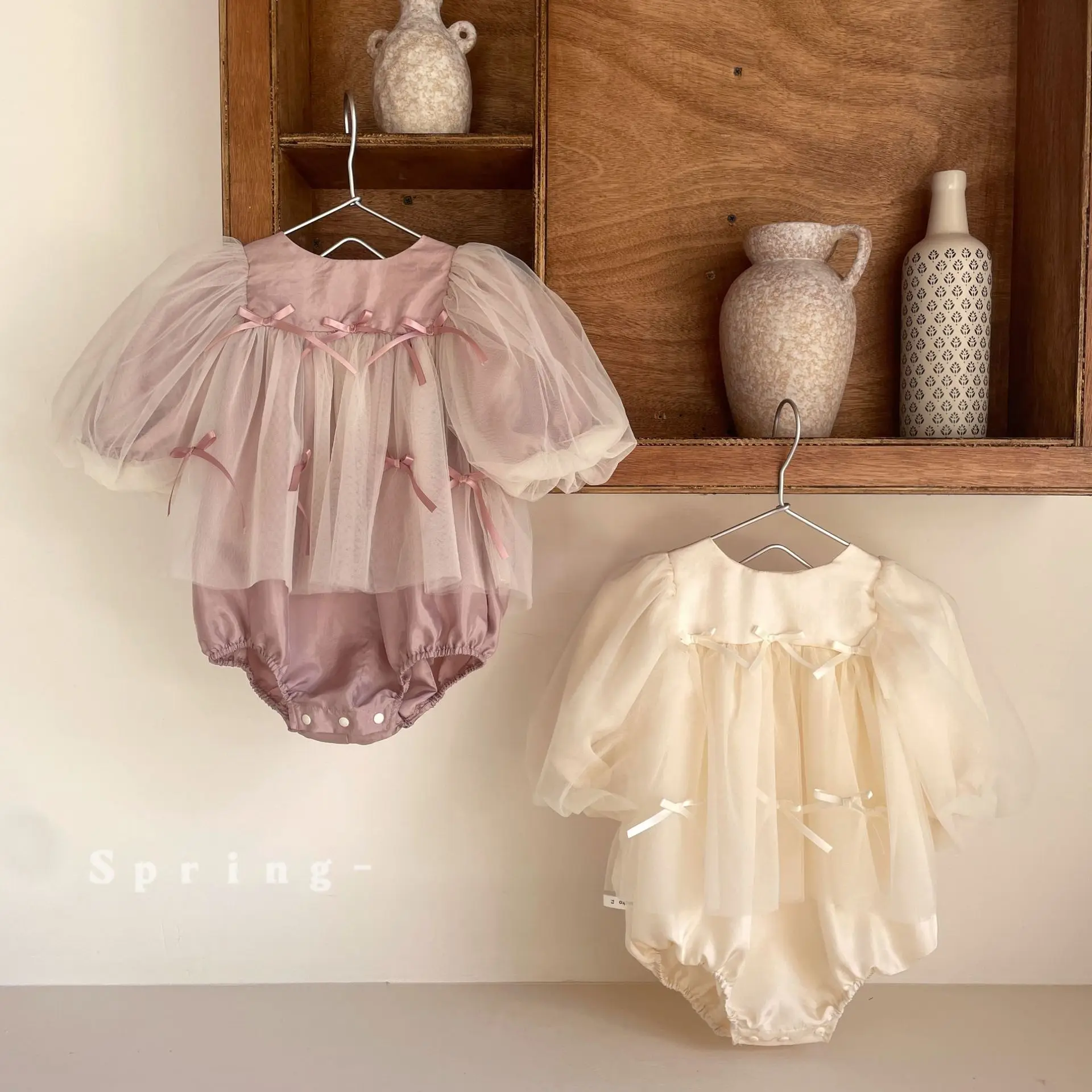 2026 Spring Girls' Thin Crawler Clothing Baby New Long Sleeve Mesh Crawler Clothing Baby Bow Princess Skirt Romper