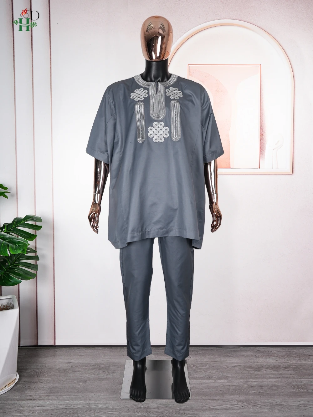 H&D African Clothes For Men Dashiki Top Pant 2 Pieces Outfit Set Riche Grey Embroidery Shirt Trouser Rich Bazin Original Muslim