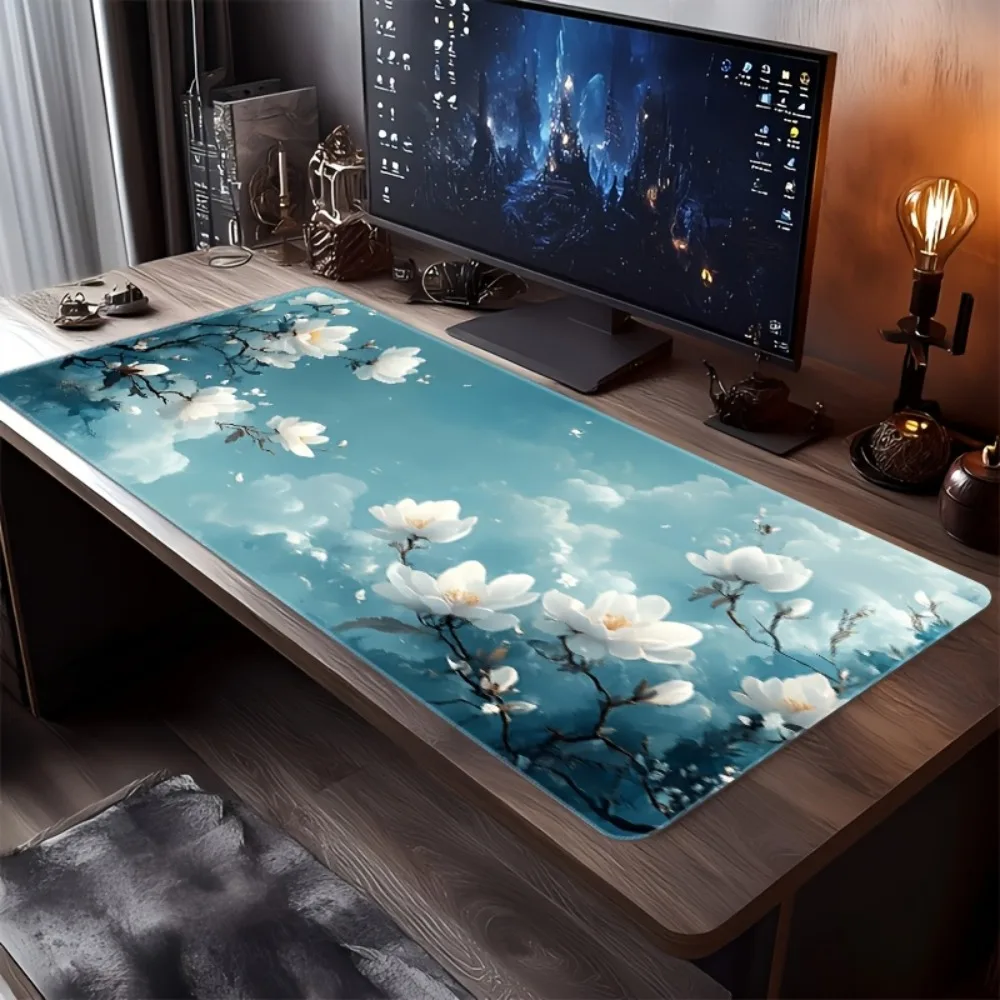 Tapis de souris pour ordinateur avec motif artistique fleurs de cerisier Van Gogh bleu, doublure inférieure antidérapante, alfombrillas para escritorio tapis de souris