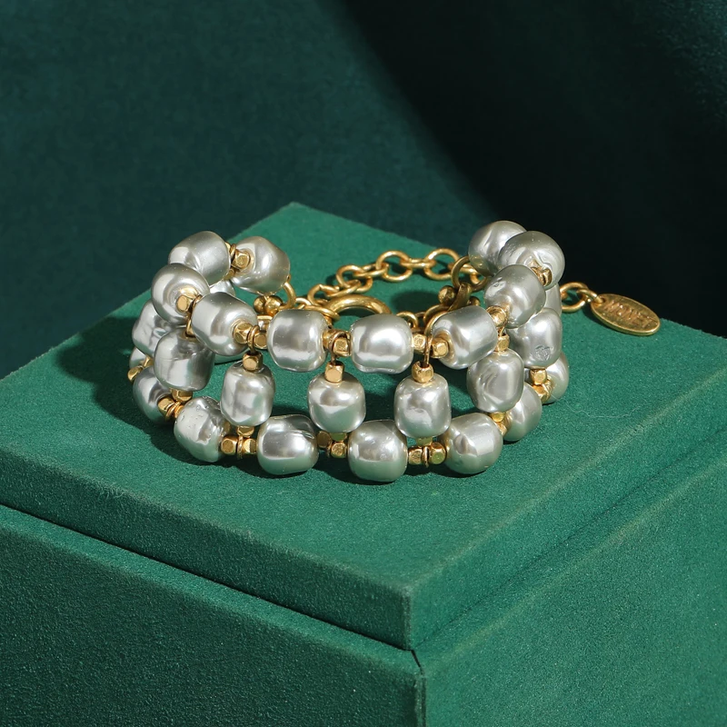 

Vintage Baroque Pearl Bracelet Weave Layered Woman 2026 Gold Color Victorian Wrist Elegant Bride Jewelry Charm Accessories Party