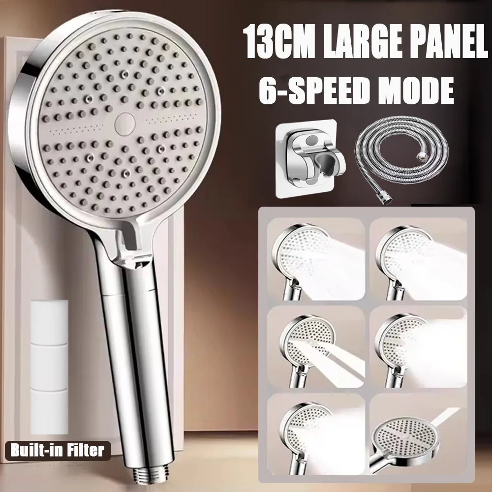 

1Pc Big Panel High Pressure Shower Head 6-Speed Modes Adjustable Bathroom Handheld Shower Set Large Flow Showerhead with Filter