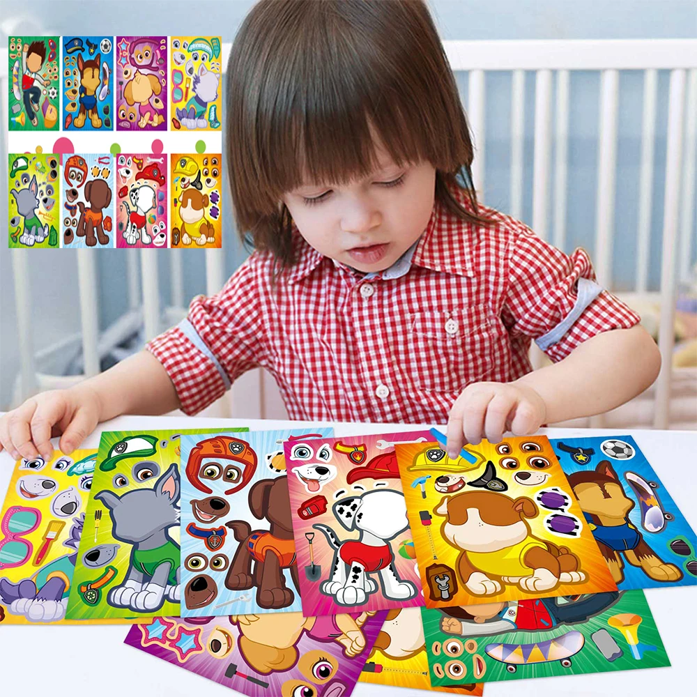 8/16Sheets Anime PAW Patrol Chase Skye Puzzle Stickers Toy Funny Cartoon Make-a-Face Decal DIY Assemble Jigsaw Children Boy Gift