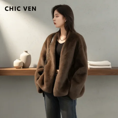 Women's Jacket Winter CHIC VEN Women's Jacket Loose Casual Solid Overcoat New Female Plush Coat V-neck Woman Outerwear Autumn Winter 2026