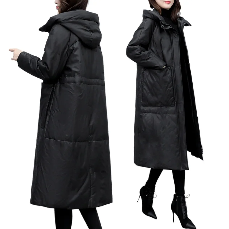 White Duck Down Leather Puffer Jacket Women Real Sheepskin Long Down Coats with Hood Womens Winter Clothes 2024 Пуховик Женский — zdjęcie 2