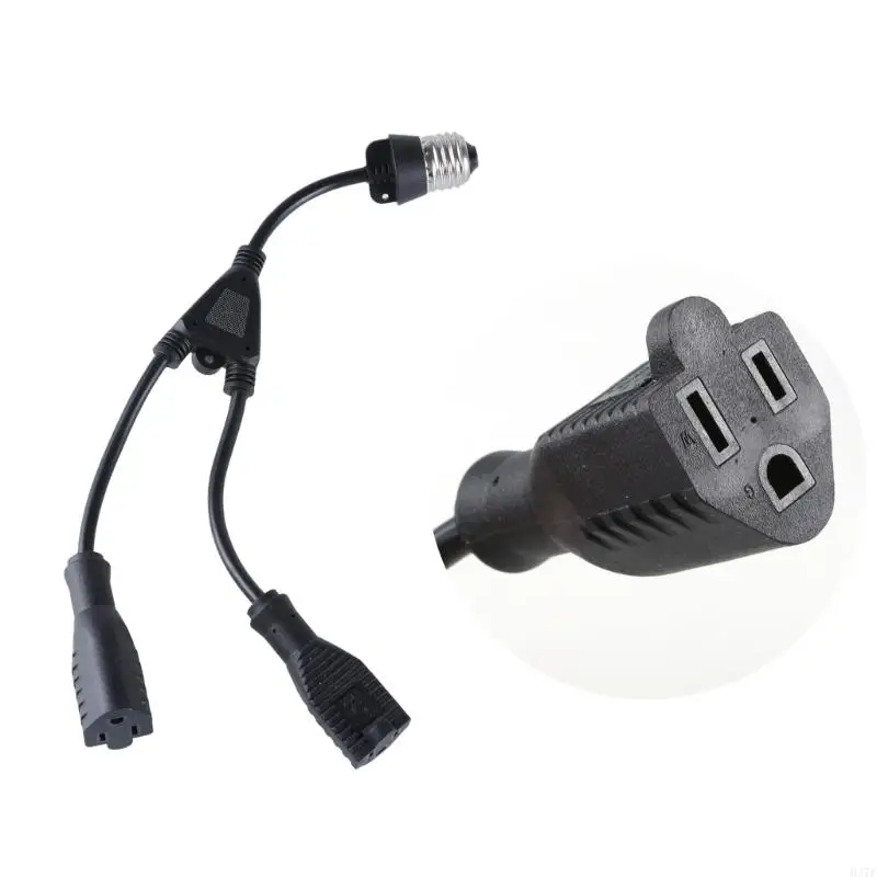 H37F 2 in 1 Light Socket to Plug Adapter Convert E27 Bulb Socket to 2pcs 3 Prong Outlet Extension Cord Flexible Light Bulb