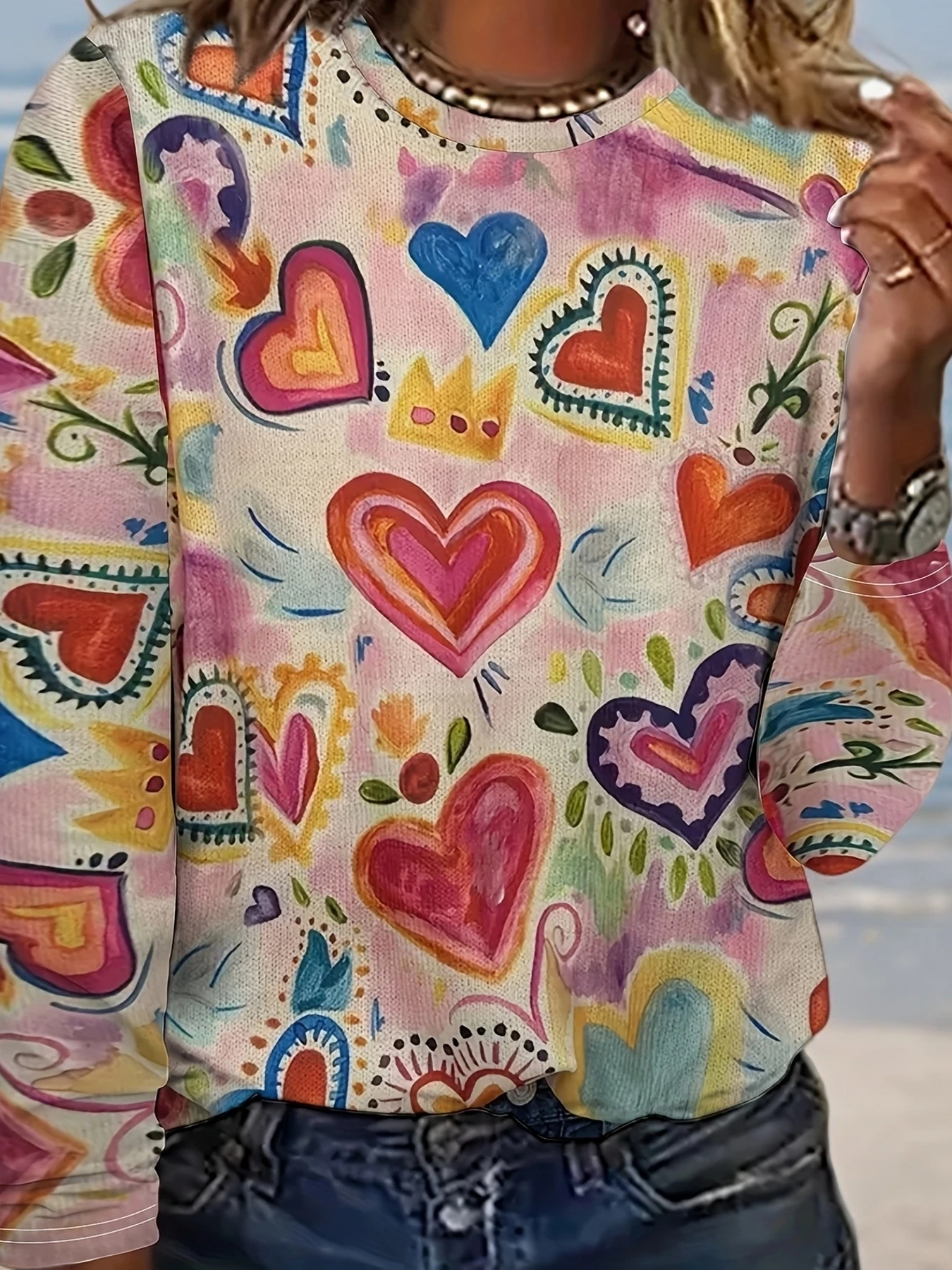Women's Cute Heart Doodle Sweatshirt Light Pink Colorful Love Hand Drawn Print Long Sleeve Round Neck Casual Pullover Top