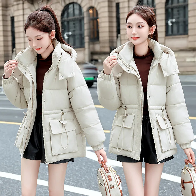 Hooded Women Parkas Coats Solid Overcoats Drawstring Waist Zipper Long Sleeves Straight Fit Thick Casual 2025 Autumn Winter