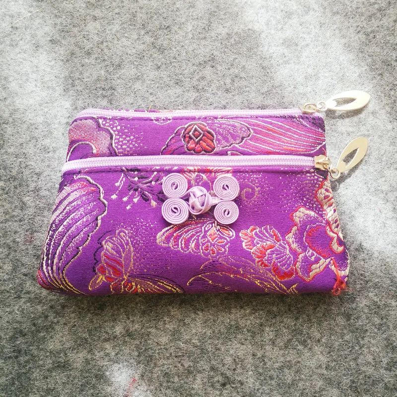 Women's Purple Weaving Brocade Coin Wallet With Chinese Knot Design Double Layer Purses Small Bag Cardholder Have Money Use