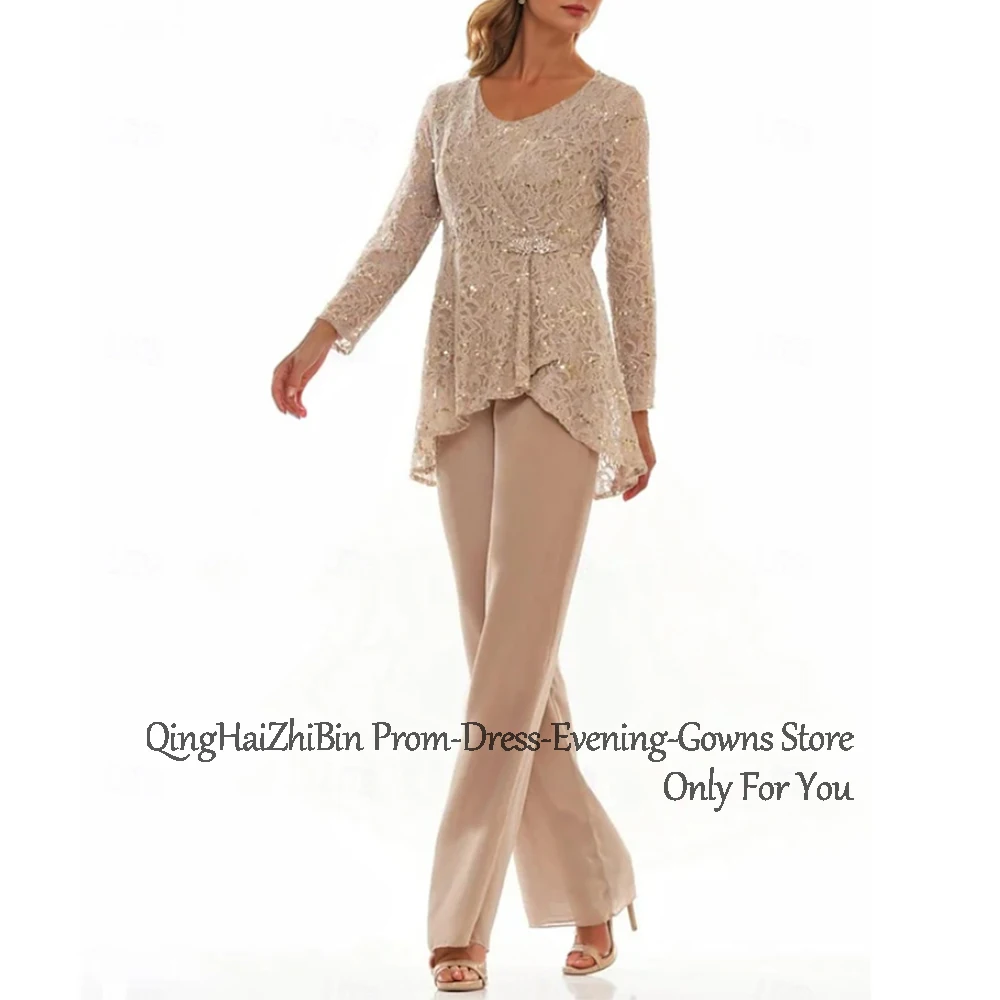Customized 3 Pieces Long Pantsuits Mother of the Bride Dresses Lace Scoop-Neck Ankle-Length Wedding Guest Party Groom Dress 2025