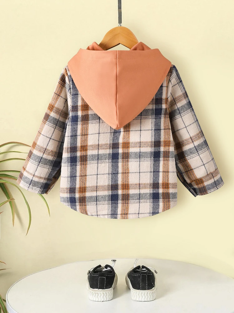 Boy\'s new autumn shirt hooded plaid fashionable fashionable foreign style shirt bottom coat