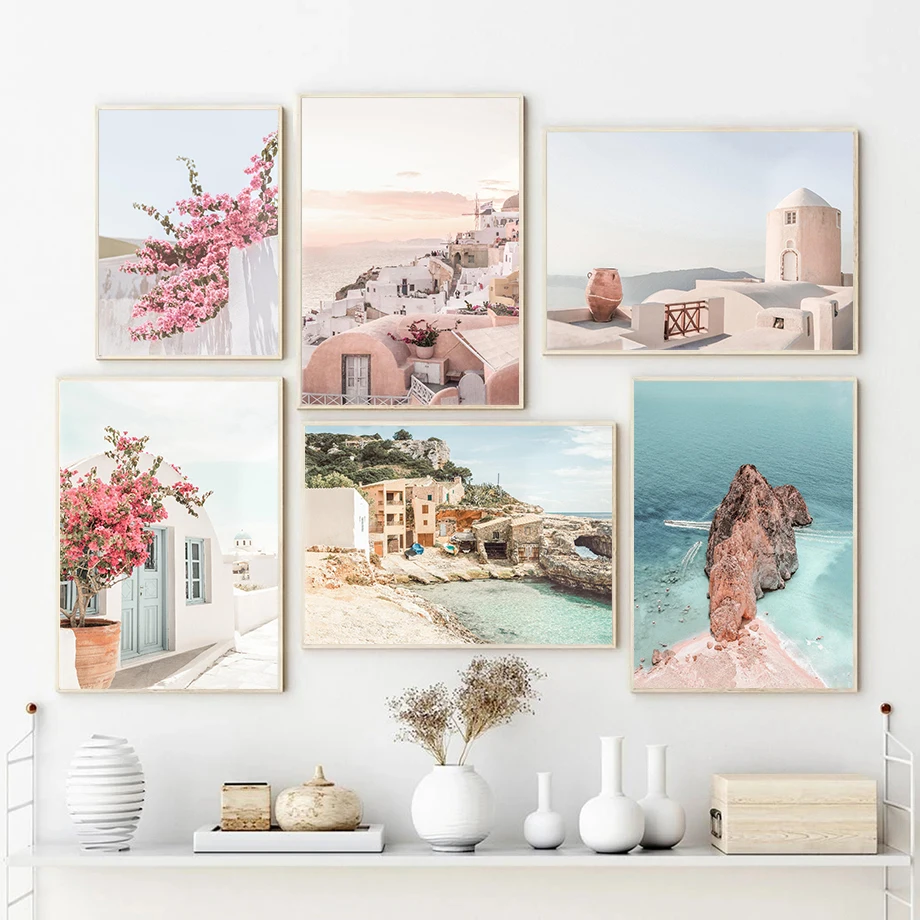 قماش اللوحة المدينة الساحلية العمارة الفن الكنيسة شاطئ جزيرة الملصقات يطبع جدار صورة فنية غرفة المعيشة ديكور جدران المنزل