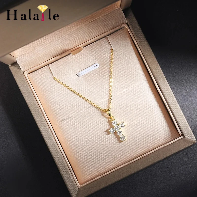 Halaile Cross Pendant Necklace 3MM D Color Moissanite S925 Sterling Silver Neck Chain Fine Jewelry Women Festival Classic Gift
