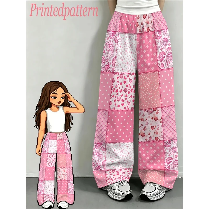 Girls All Over Print Wide Leg Pants Elastic Waist Loose Fit Casual Trousers for Tween Teen Girls School Daily Wear