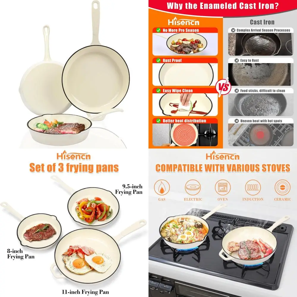 

Набор эмалированных чугунных сковородок с антипригарным покрытием — сковороды из 3 предметов (8 9,5, 11 дюймов), безопасный для духовки и индукции, кремово-белый, PFAS/