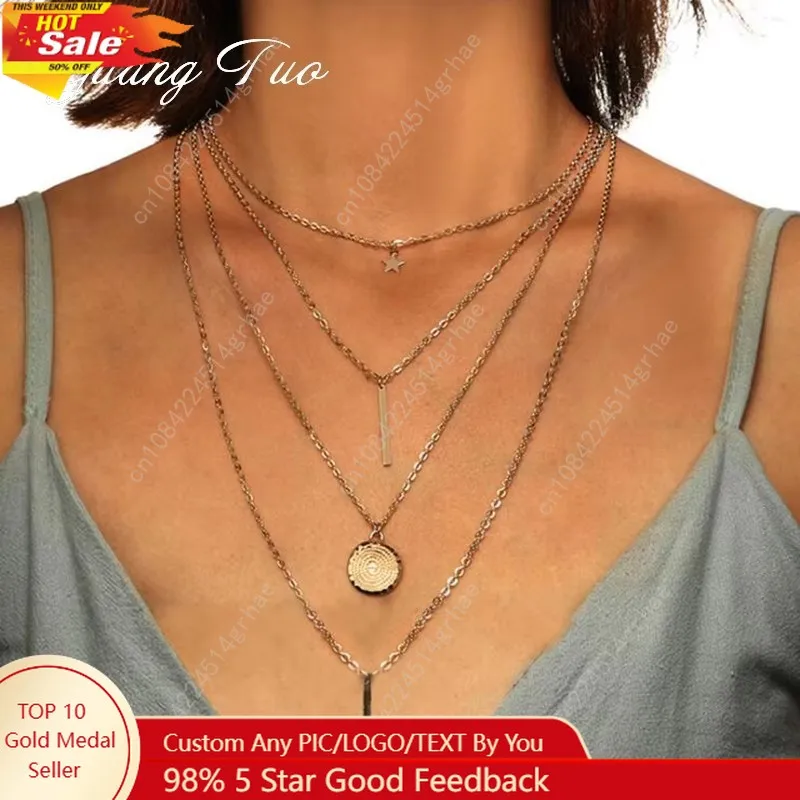 

Multi-layers Necklaces for Women Personality Hollow Geometric Pendantes Necklaces Gold Color Cross Necklaces Punk Collar