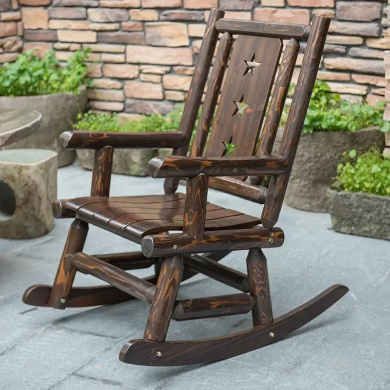 Antique Wood Outdoor Rocking Log Chair Wooden Porch Rustic Single Rocker Leisure Design Armchair for Deck, Balcony or Indoor Use