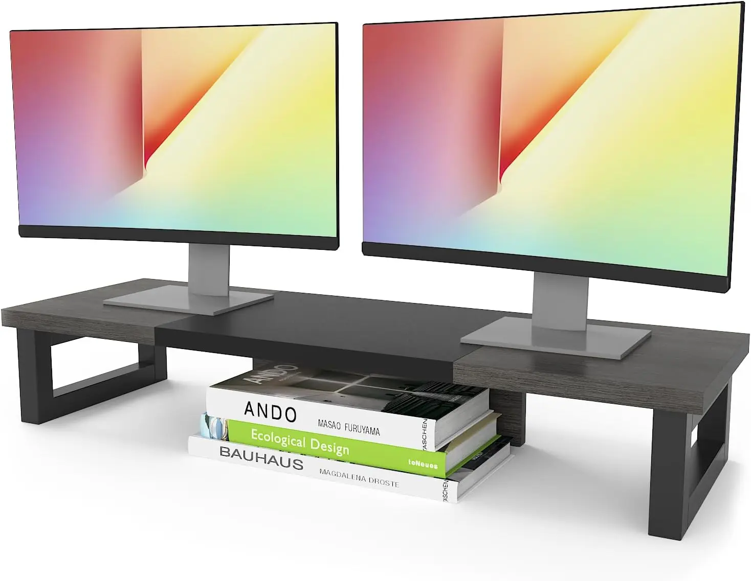 

Dual Monitor Stand Riser with Wood and Steel Design, Multi-Purpose Desktop Storage for Computers and More