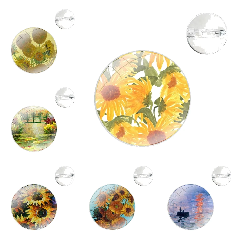 Claude Monet Oil Painting Sunflower Glass Dome Brooches Shirt Lapel Bag Cute Badge Pins For Clothes Hat Accessories