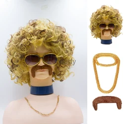 70s Retro Disco Costume Wig For Man Funny Golden Brown Short Curly Hair Wig Chain Mustache Halloween Party Accessories Props